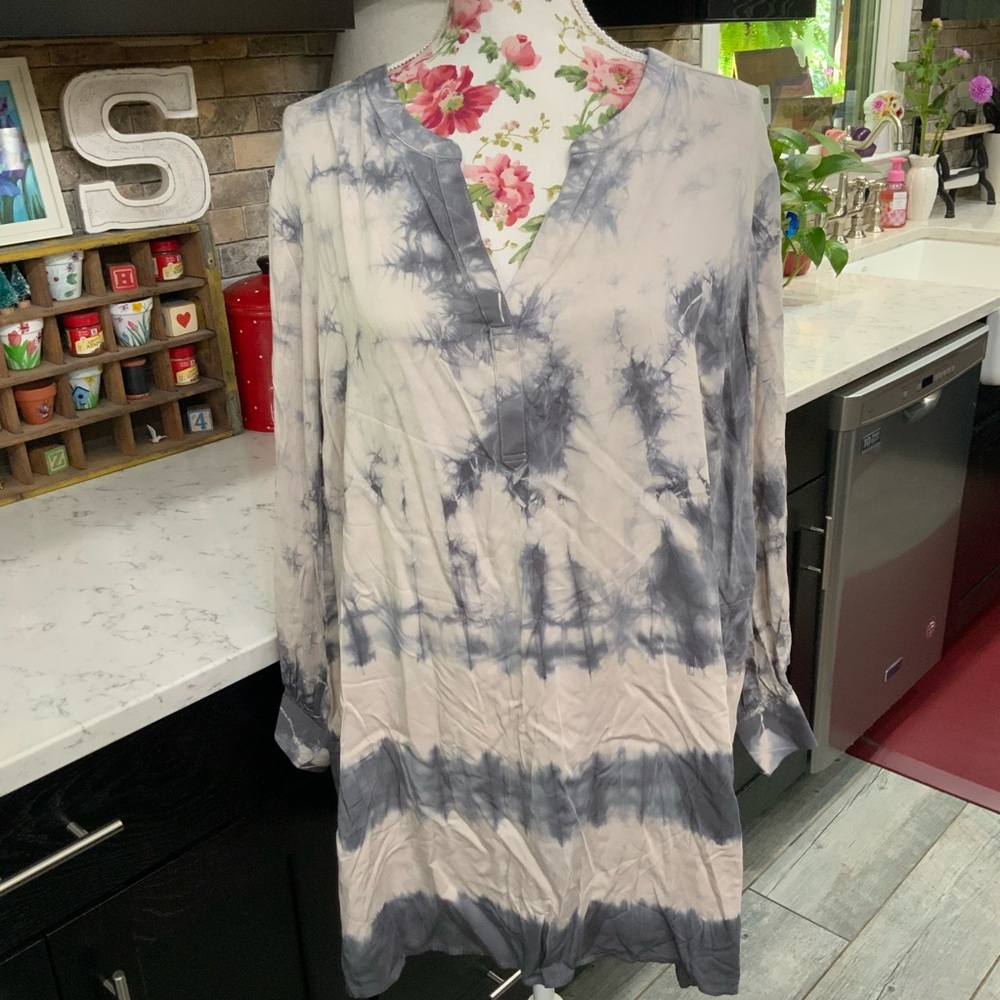 J Jill Pure Jill Tunic Top Gray White Tie Dye XL Petite Pockets Long Sleeve New